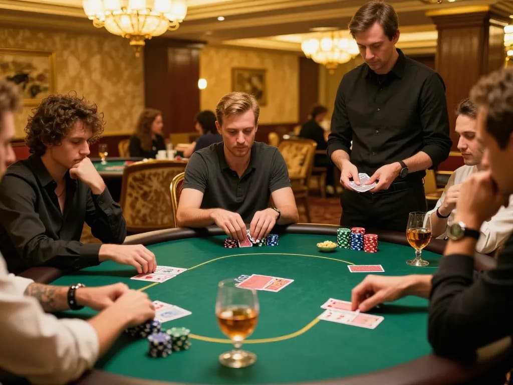 Engaged players strategizing at a poker table in the 22ff casino atmosphere, creating intense moments.