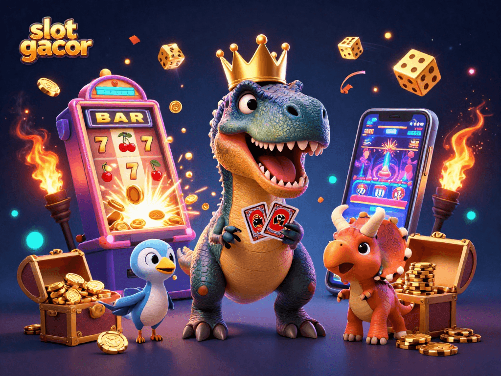 Permainan slot gacor yang seru ditampilkan dengan T-Rex dan teman-teman bermain kartu serta menumpuk chip emas.