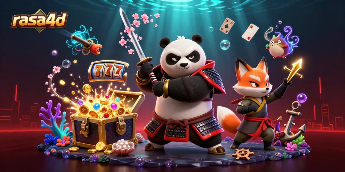 Gambarkan rasa4d dengan panda samurai dan rubah ninja dalam tema kasino yang ceria.
