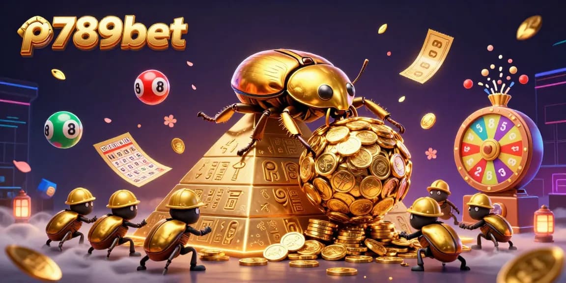 Khám phá p789bet qua hình ảnh 3D độc đáo với bọ hung và hàng triệu đồng tiền vàng.