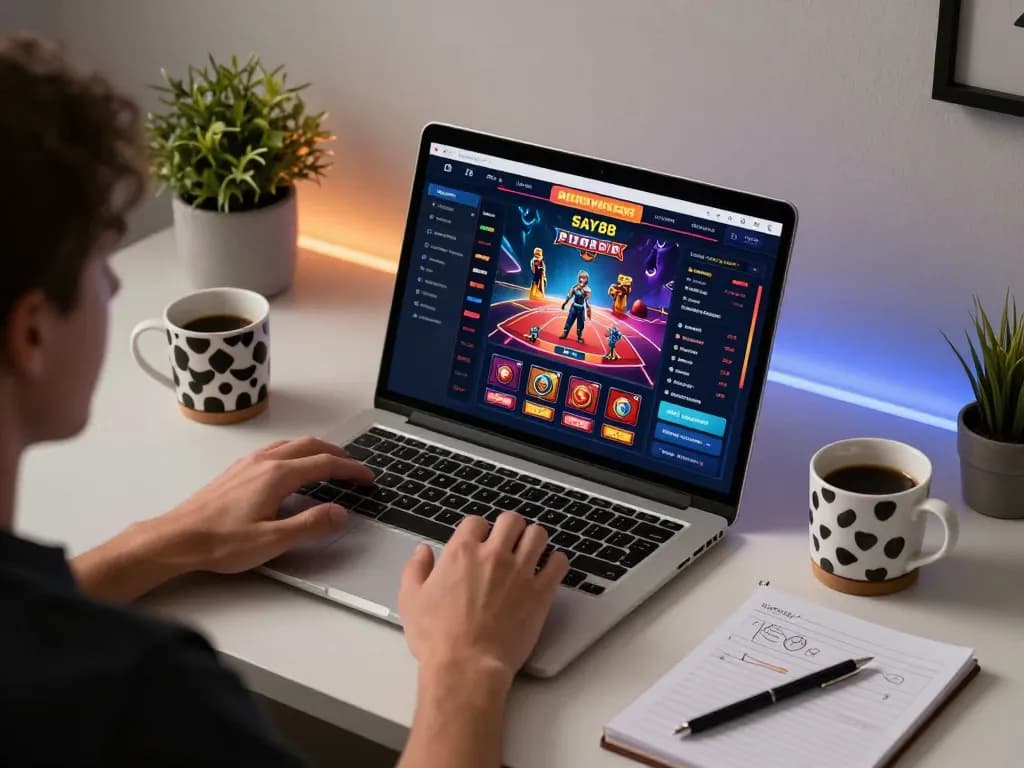 SAY88 user enjoying online casino gameplay on a stylish laptop with strategy notes.