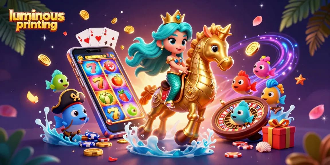 Spin to win with luminous printing custom designs featuring a vibrant slot scene and cartoon characters.