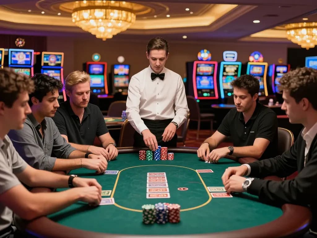 Players engaging in a strategic poker game at LLwin casino table with intense focus and golden lighting.