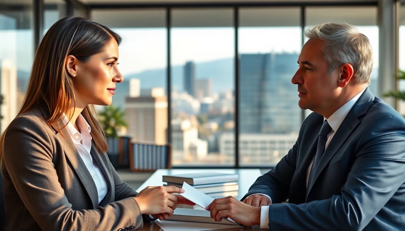 A personal injury lawyer in Grand Junction consulting a client in a welcoming office.
