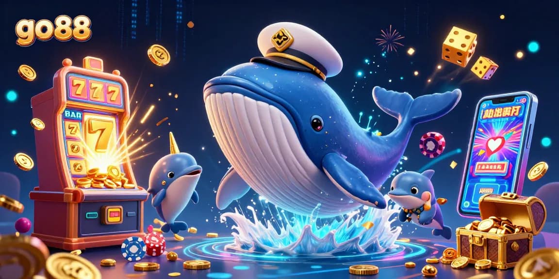 Engage with go 88 in a vibrant casino scene filled with winning slot jackpots and playful dolphins.