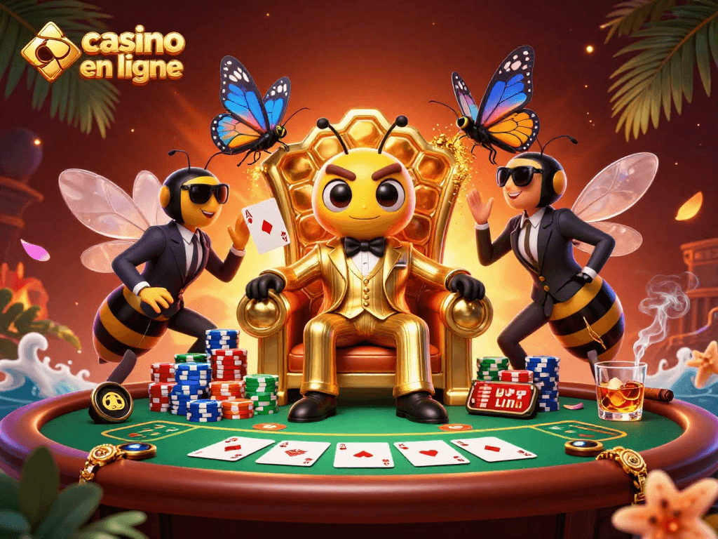 Découvrez les grandes séances poker au casino en ligne avec un boss cartoon au salon luxueux.