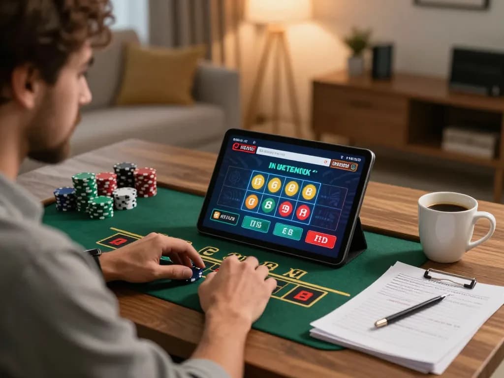 Player engaging with qqalfa live dealer blackjack on tablet in cozy home office.