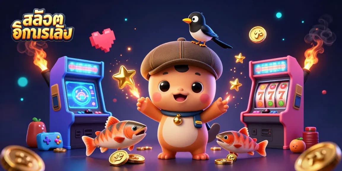 Spin to win with สล็อตทดลองเล่น amidst a vibrant 3D gaming scene filled with playful characters and sleek slots.