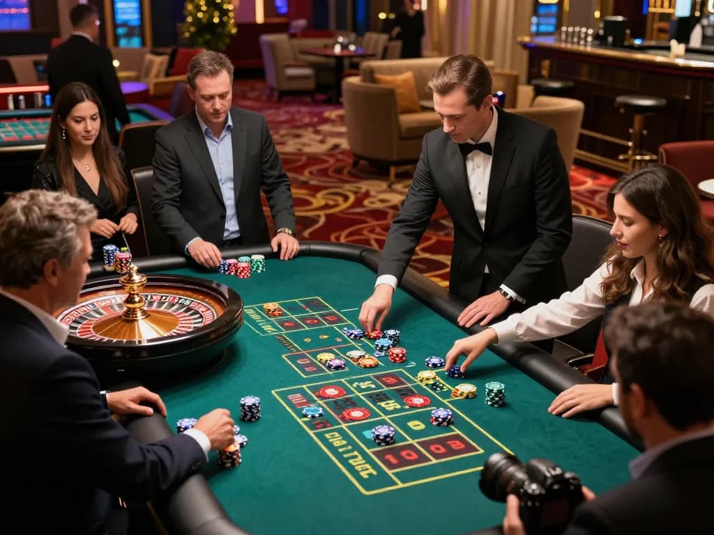 Thabet players placing bets at an exhilarating roulette table in an upscale casino atmosphere
