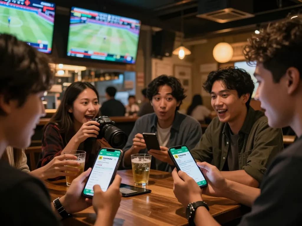 Friends using nhandinhkeonhacai app for live sports betting at a busy sports bar, capturing the excitement of the game