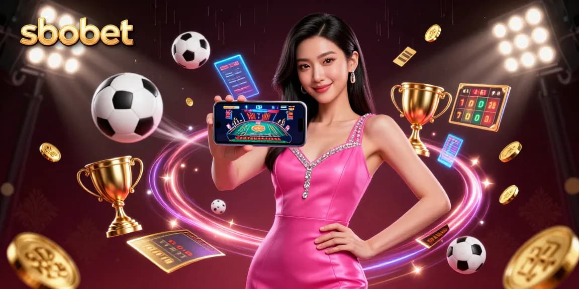 SBOBET offers dynamic live dealer gaming with an Asian woman confidently engaging in sports betting.