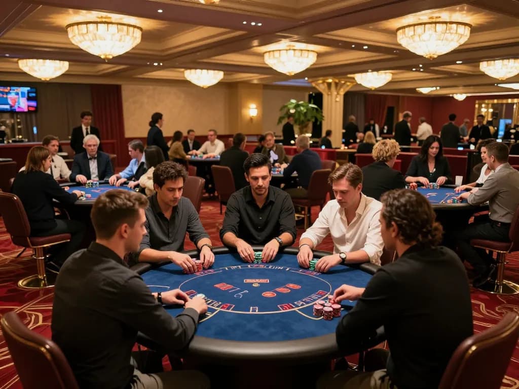 Players enjoying a thrilling game at KKWIN, showcasing high-stakes poker action in a vibrant casino atmosphere
