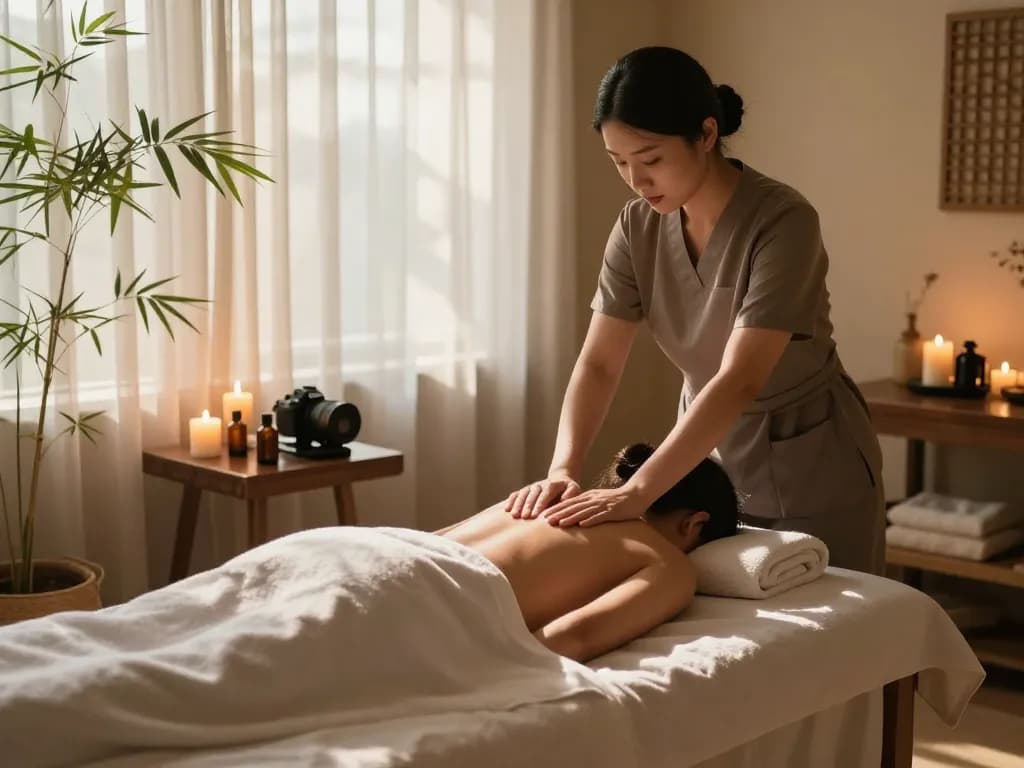 Relaxing massage session with a therapist applying techniques, emphasizing 마사지 in a serene spa environment.