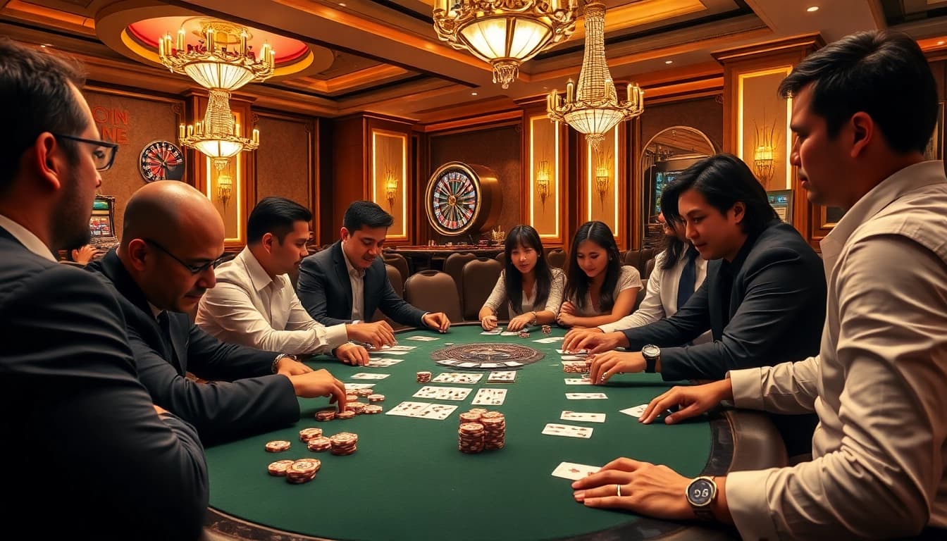 Engaging poker game at Trang chủ QQ88, showcasing excitement with players and betting elements.