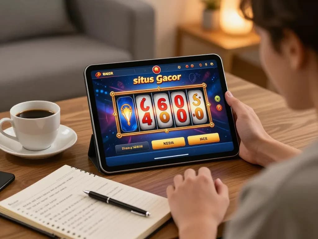 situs slot gacor gameplay on tablet set in a cozy home environment, emphasizing responsible gaming