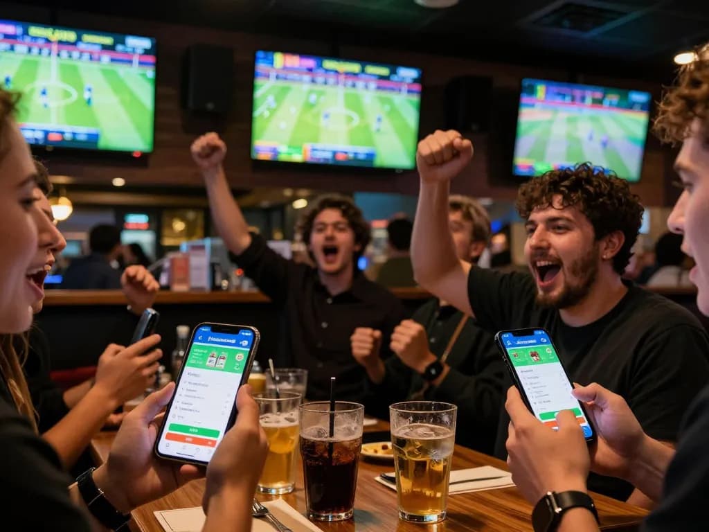 Engaged patrons cheering for sports while using the tylekeonhacai88 betting app on their smartphones.