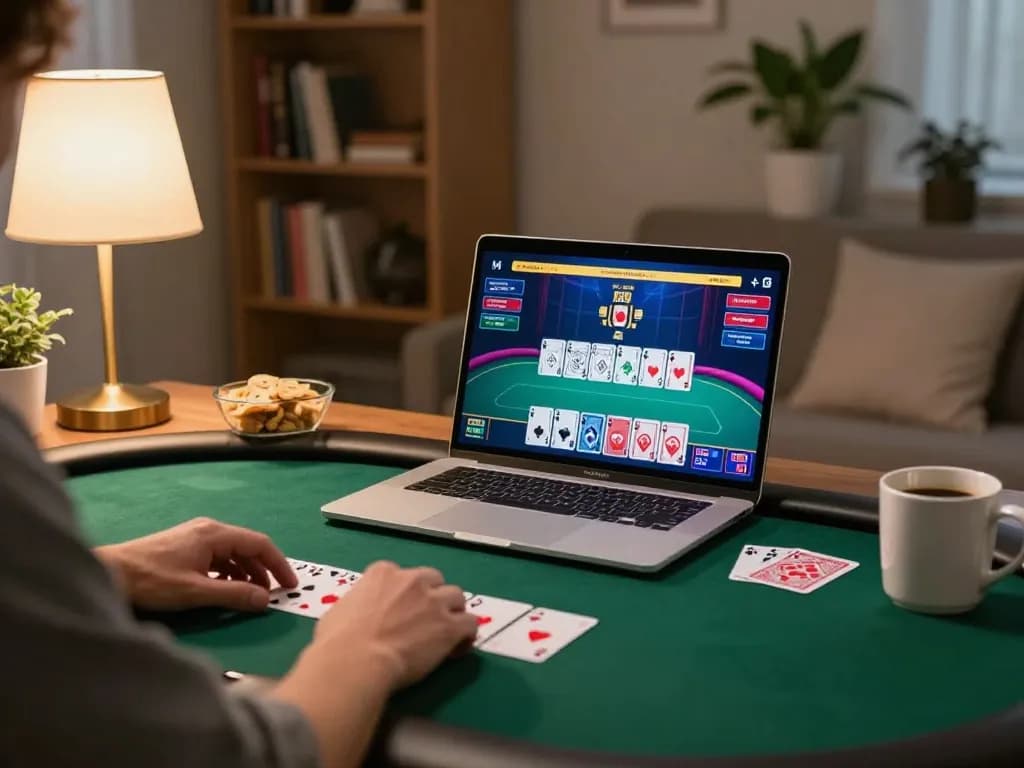 Player engaging in online poker at vn23, demonstrating strategic gameplay in a cozy home setting