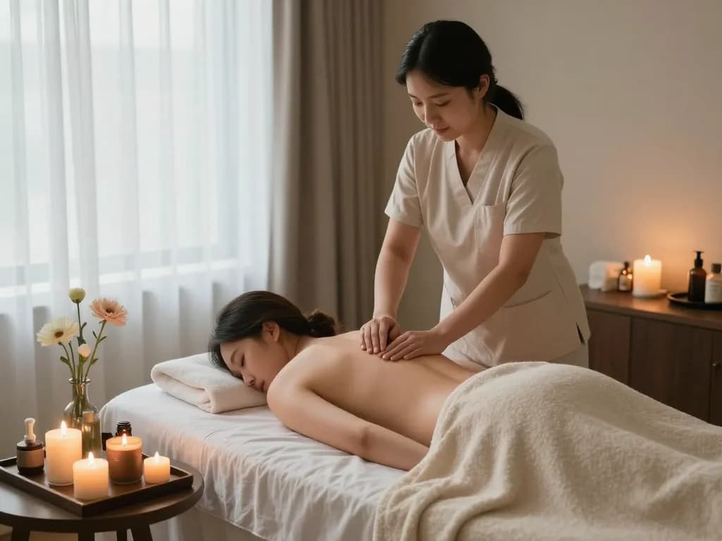 Indulge in 강남마사지 with a tranquil spa experience featuring a therapist applying oils.
