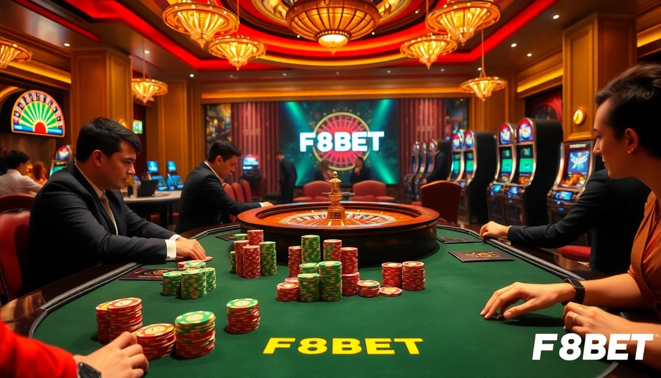 Experience a thrilling poker game at F8BET with vibrant chips and professional dealers.