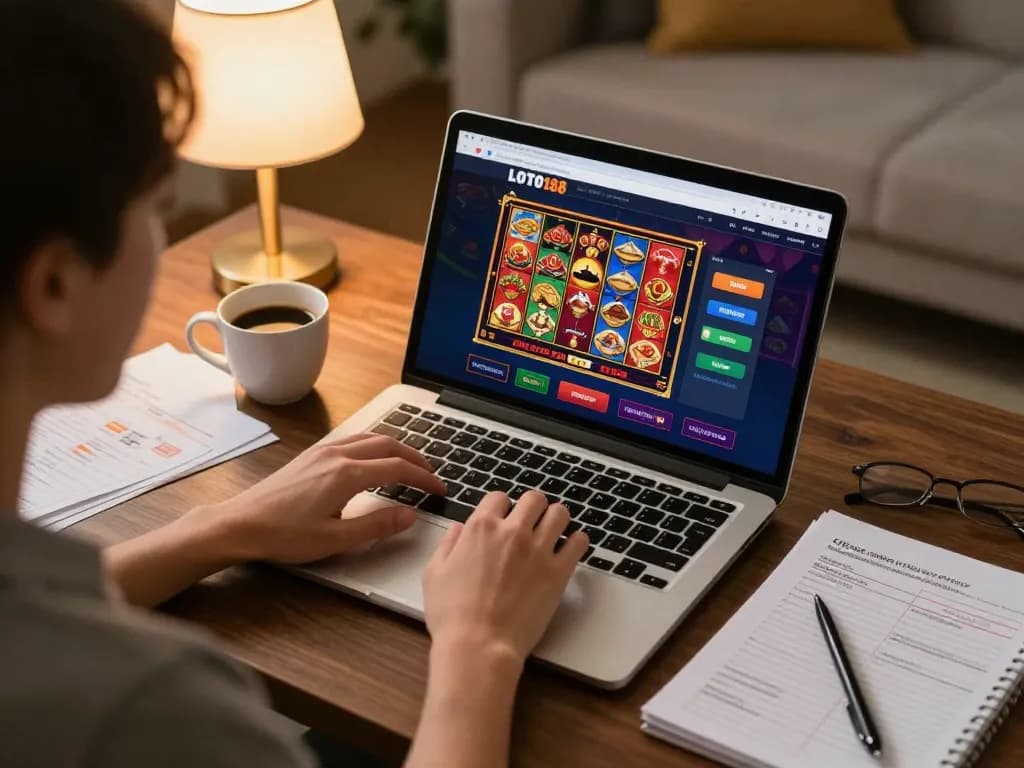 LOTO188 gaming session at home with player strategizing betting options on laptop in a cozy setting.