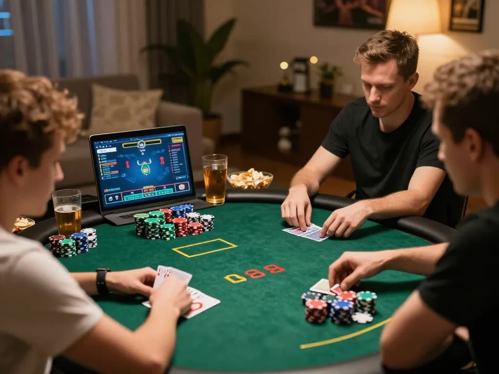 Kuwin players strategizing during an intense poker game in a cozy home setting