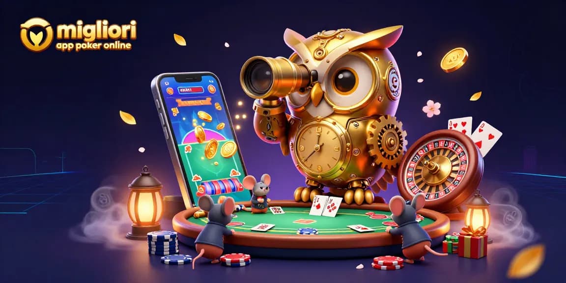 Scopri le migliori app poker online mentre il gufo meccanico osserva un tavolo di gioco animato.