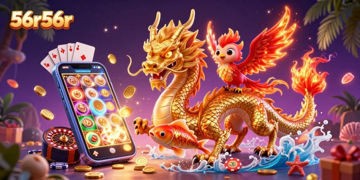 Engage in thrilling gameplay with 56r56r featuring a golden dragon, phoenix, and koi amidst spinning slots.