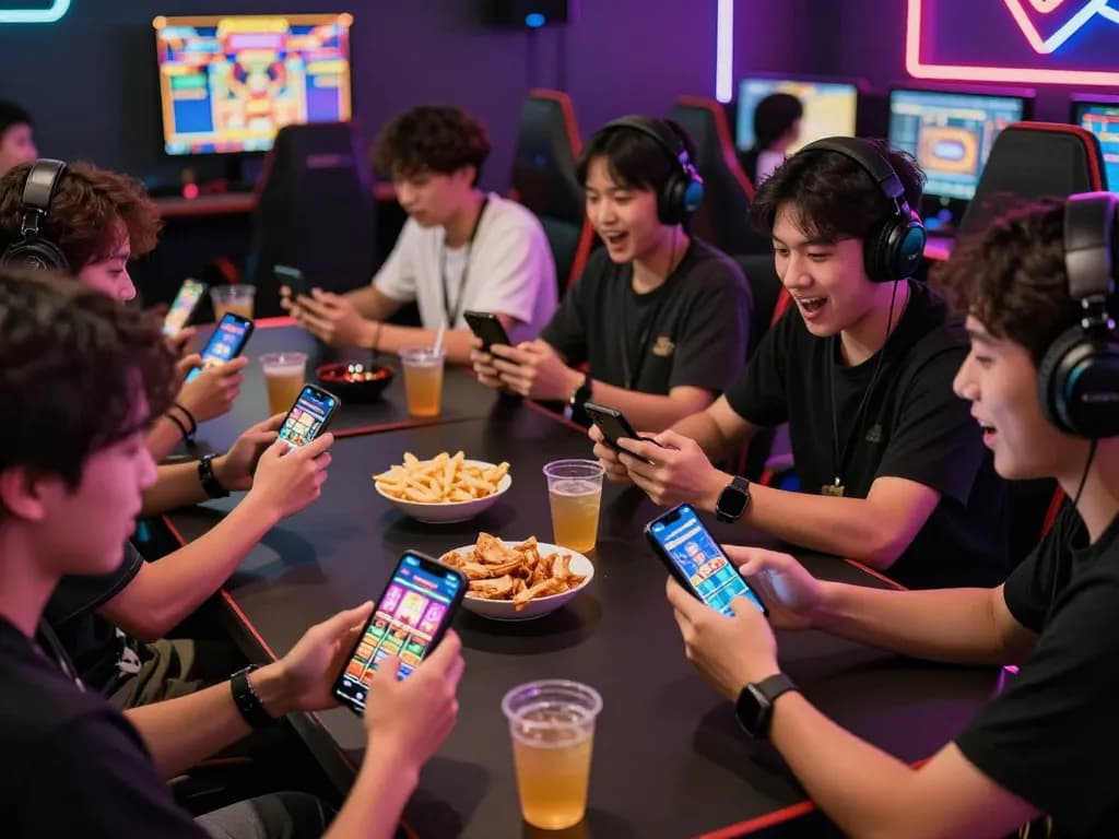 Engaging popotogel gaming scene with players enjoying online slots, vibrant atmosphere, diverse participants.