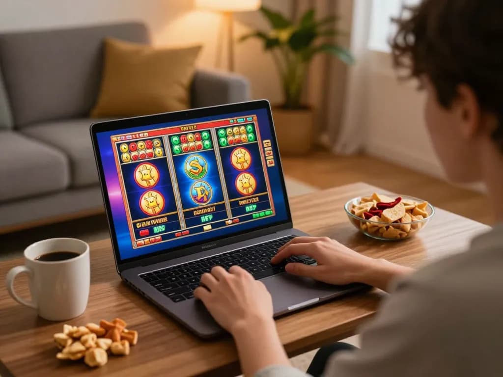 Engaged player spins reels on situs slot in cozy home gaming environment.