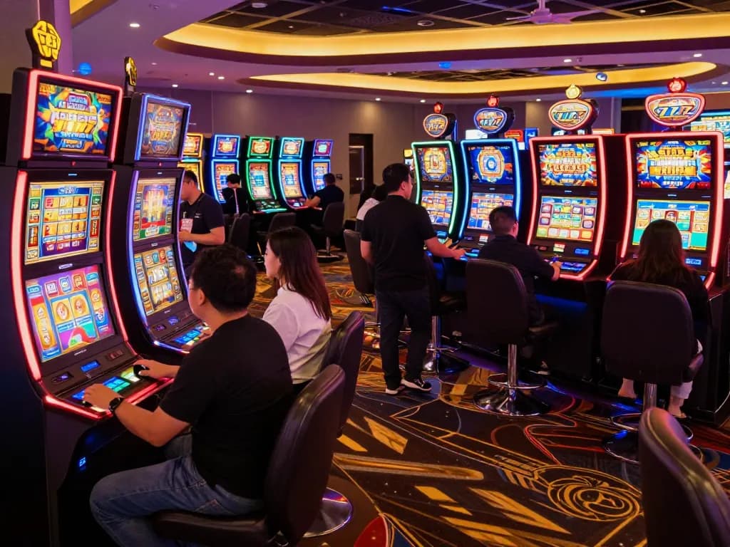 Dynamic scene of players enjoying slot gacor 777 games under vibrant casino lights, capturing excitement and energy
