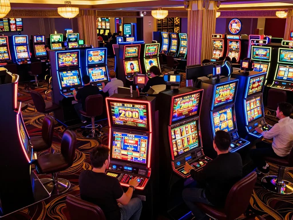 Experience the exciting action as players engage with slot machines showcasing slot bet 200 in vibrant casino atmosphere
