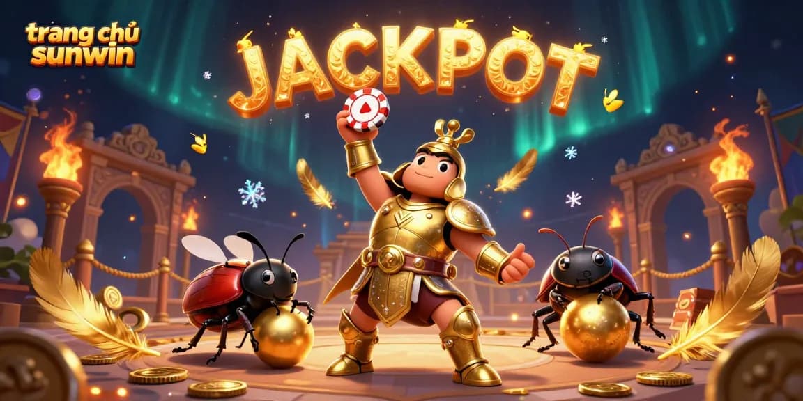 Join the excitement at trang chủ sunwin with a victorious hercules beetle lifting a poker chip surrounded by atmosphere of casino action.