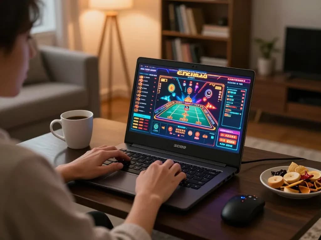 Player engaging with SC88 online gaming interface on laptop, surrounded by a cozy setup and snacks.