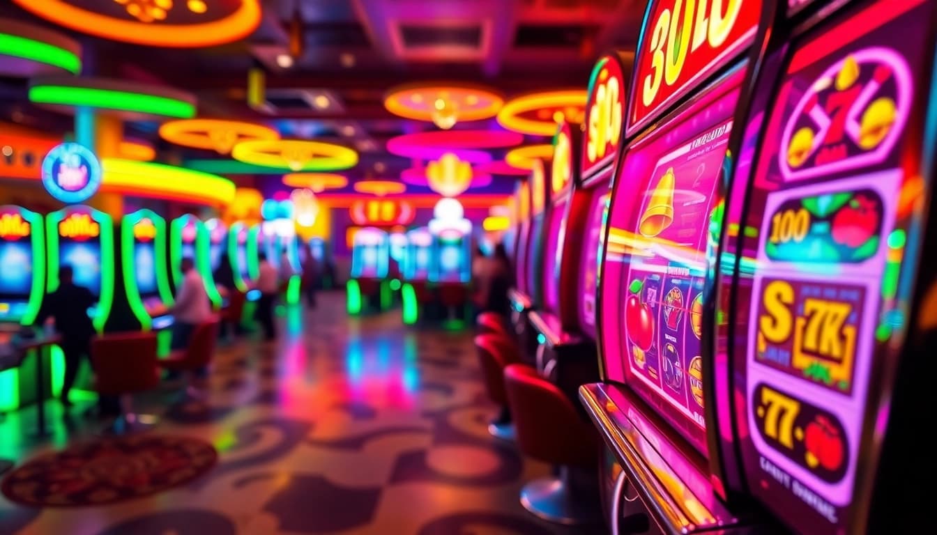 Bermain di Slot Depo 5000 dengan mesin slot berwarna-warni dan suasana ceria.