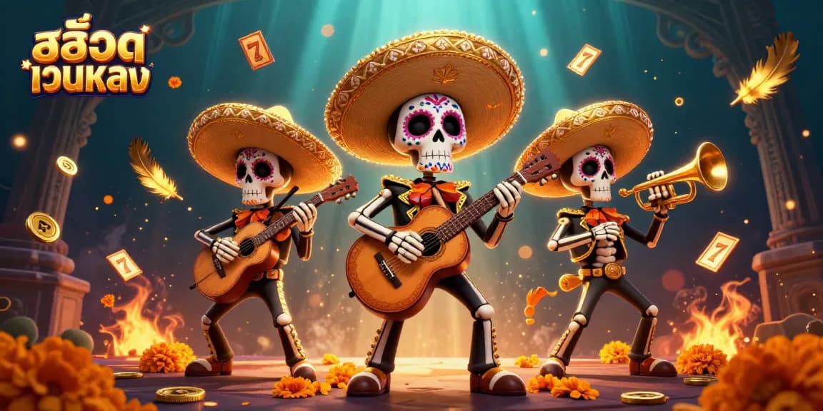 Engage with สล็อตเว็บตรง through a vibrant mariachi band surrounded by dynamic slot elements.