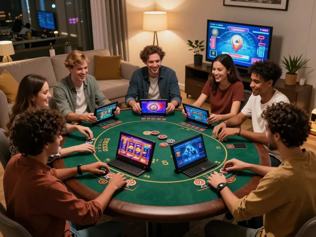 Engaging group of friends playing games on open88 platform, showcasing online casino excitement in a cozy setting.