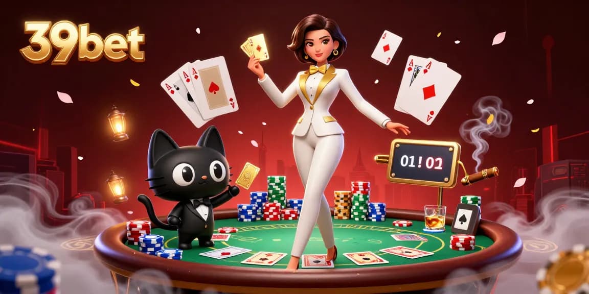 Engage in thrilling gameplay at 39bet with a glamorous casino scene featuring a stylish woman and poker elements.