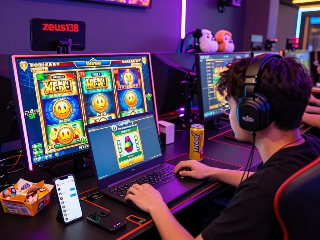 Player enjoying zeus138 online slots, surrounded by vibrant gaming elements and gadgets.