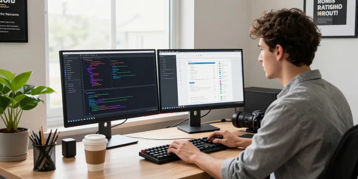 Developer programming at dual monitors in a bright tech workspace while exploring 纸飞机官网 features.
