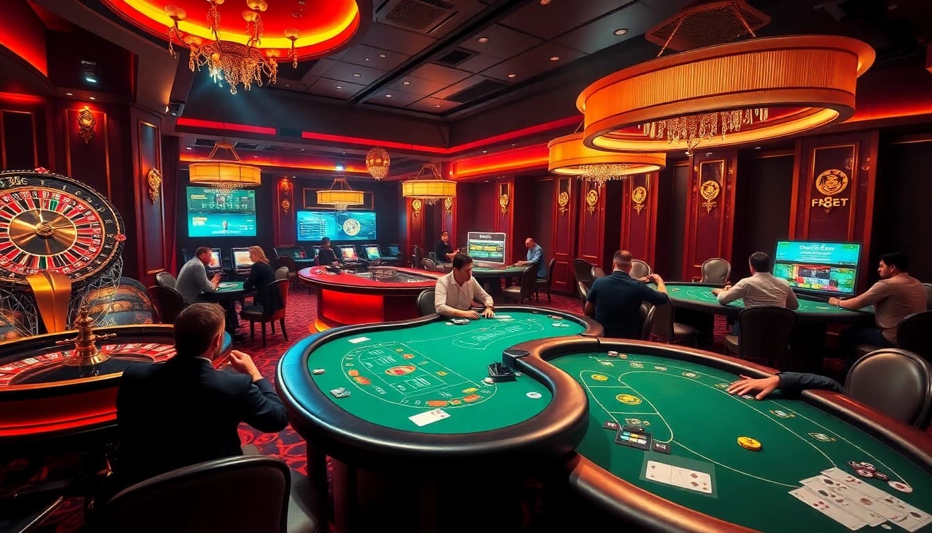Players enjoying thrilling games at F8bet's vibrant casino setting with poker, roulette, and chips.