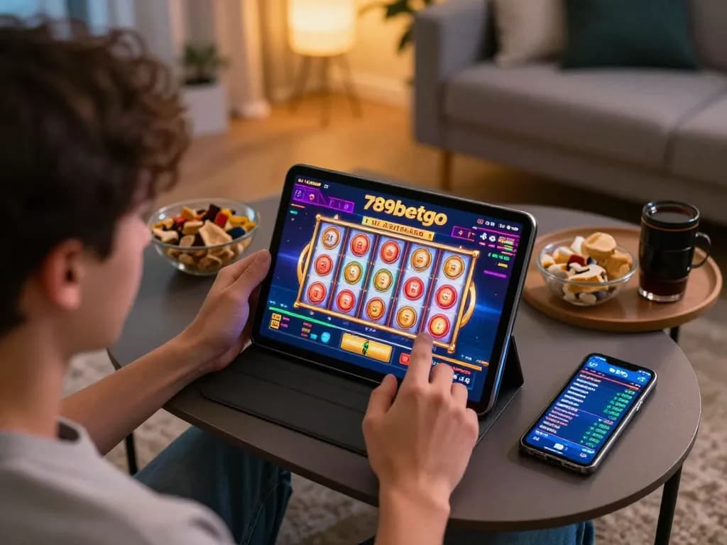 Engaging online gambling scene showcasing a player enjoying 789betgo slots on tablet during a casual game night