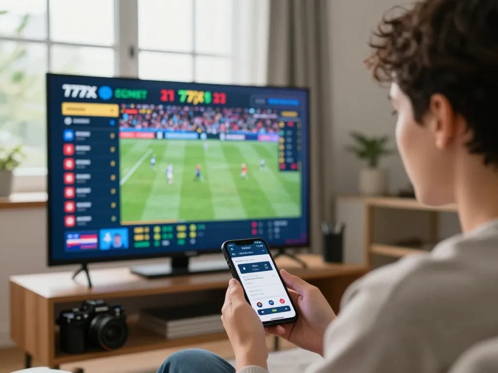 Betting excitement at https://777x.bid/ with a person placing bets on live sports events in a vibrant home setting.