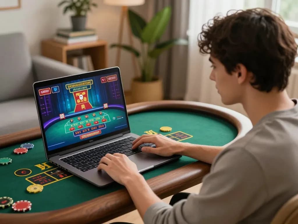 Engaging in online baccarat at uu88.com with live dealer interface in cozy home setting.