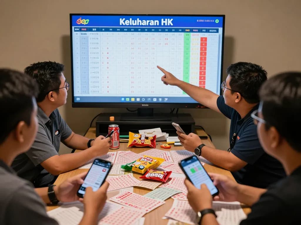 Engaged lottery players watching live Keluaran HK results with Data HK statistics.