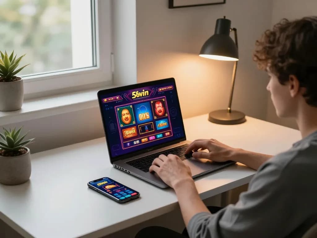 Player engaging with 58win online casino on a laptop, showcasing dynamic gaming experience.