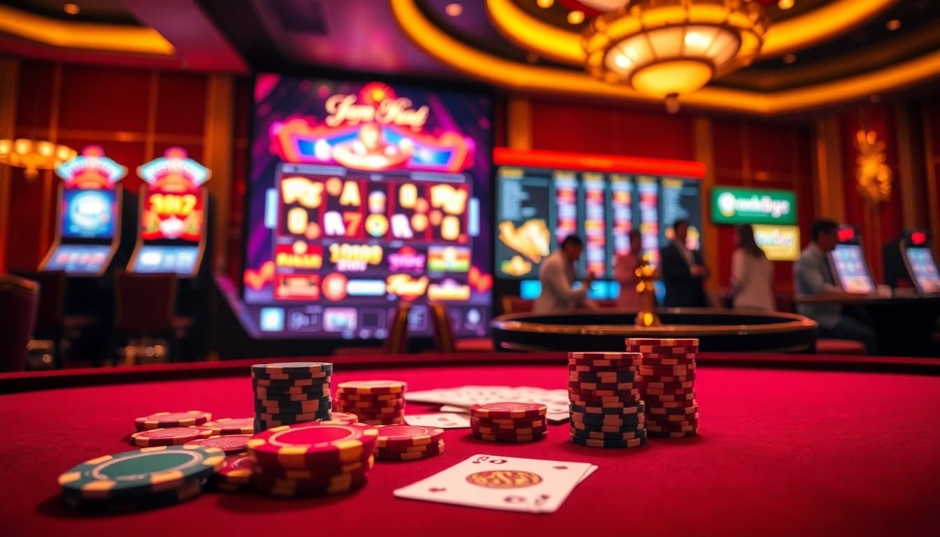 Experience thrilling gameplay at Jun88's luxurious casino table with vibrant poker chips.