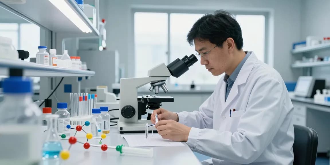 Scientist analyzing SwissChems Peptides in a bright laboratory, showcasing precision and quality in research.