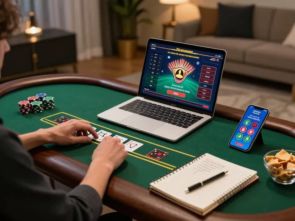 Engaging in blackjack gameplay on tg88 site with a laptop and smartphone in a cozy setup.