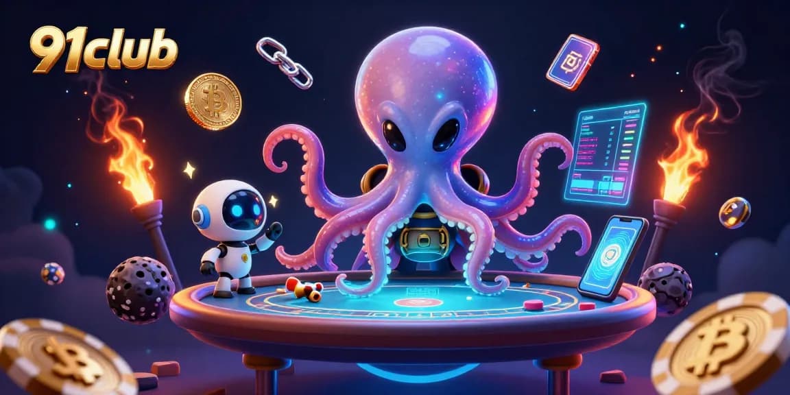Engage in thrilling gaming action with 91club's vibrant cosmic casino scene featuring colorful elements.