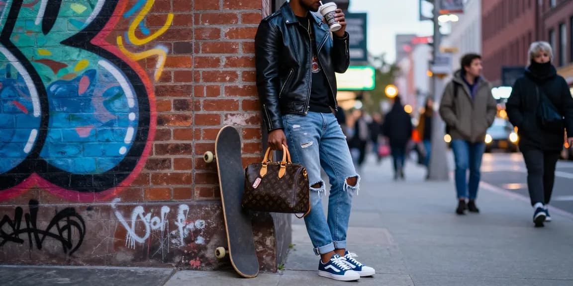 Stylish individual showcasing a 레플리카 handbag against vibrant urban graffiti.